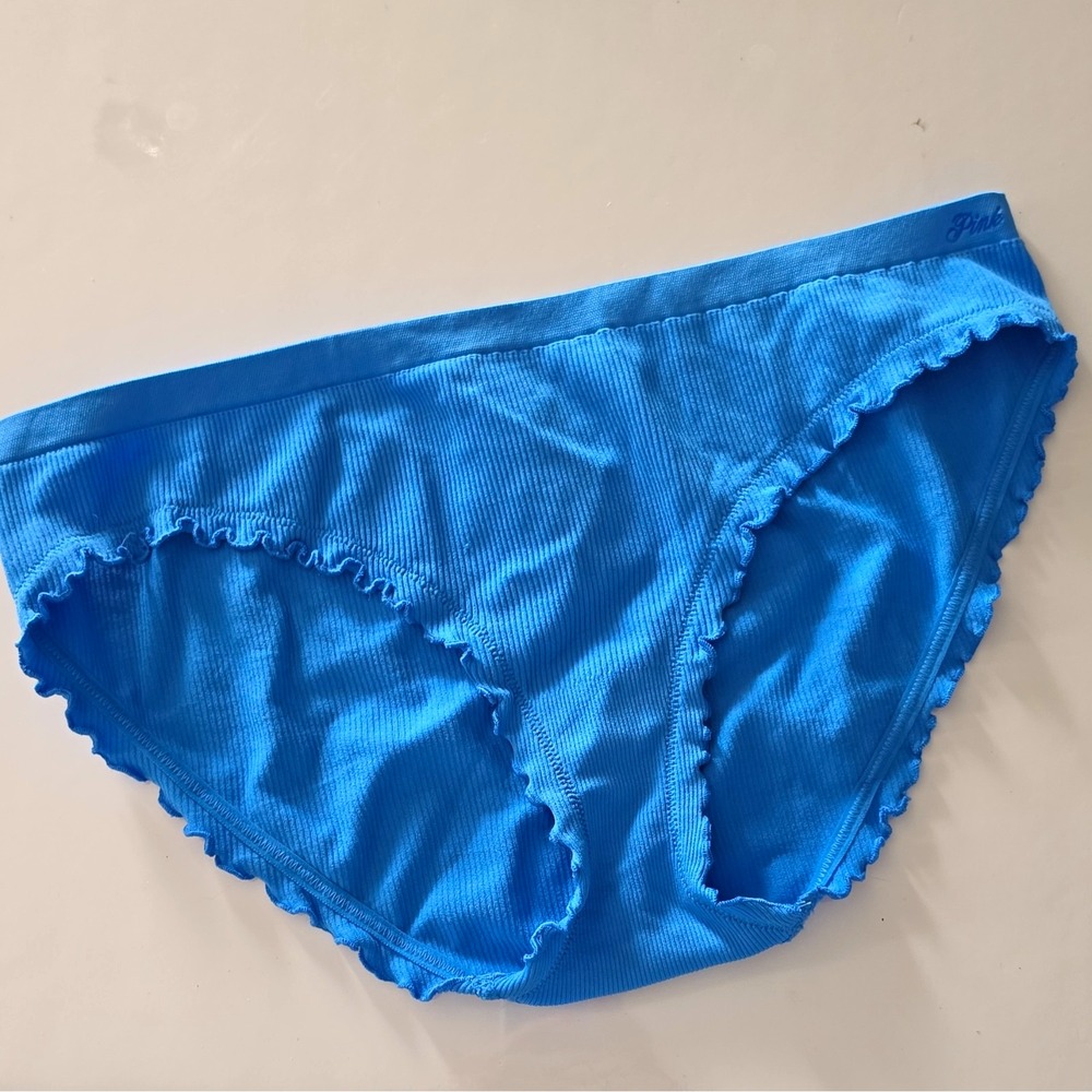 L PINK By Victoria's Secret Blue Ribbed Bikini Panties Ruffle Logo Stretch